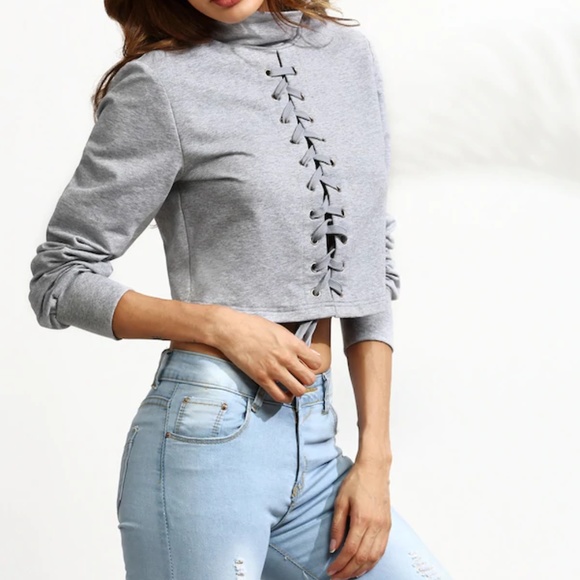 Heather Grey High Neck Lace Up Crop Sweatshirt - Picture 4 of 5